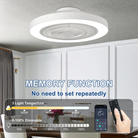 Bladeless Flush Mount Ceiling Fan With Light And Remote Control 19 Inch Low Profile DC Motor Smart App Control Dimmable LED 3000K To 6500K Quiet Enclosed Fandelier for dining room