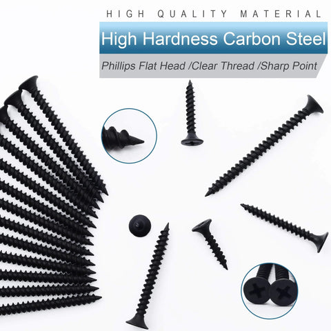 Six Size Black Wood Screws Kit With 209 Pieces For Wood And Drywall Projects, Phillips Drive Flat Head, High Hardness 1022A Carbon Steel
