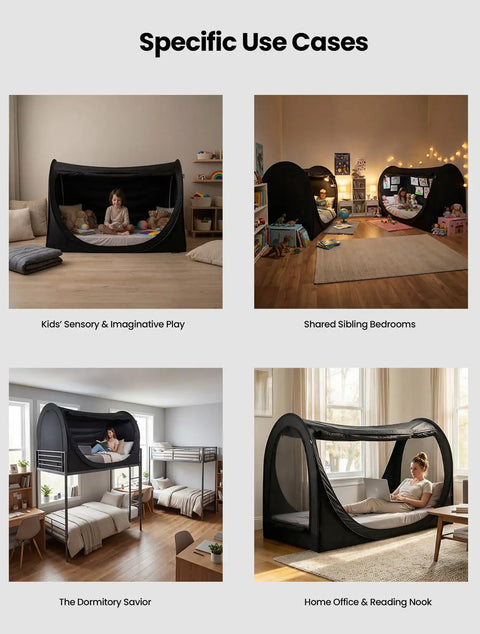 Images of Privacy Bed Tent Pop Up Sleep Pod With 360 Degree Privacy And 80 Percent Light Blocking Breathable Mesh Canopy With Four Easy Access Doors For Dorm Rooms Shared Spaces And Kids, showcasing use in kids' play, shared bedrooms, dorms, and home offices.