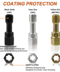 Marvelity thread chaser and repair kit components: three coated taps (UNF black oxide, UNC clear zinc, metric yellow zinc) with hex nuts