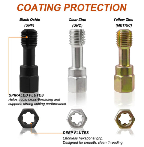 Marvelity thread chaser and repair kit components: three coated taps (UNF black oxide, UNC clear zinc, metric yellow zinc) with hex nuts