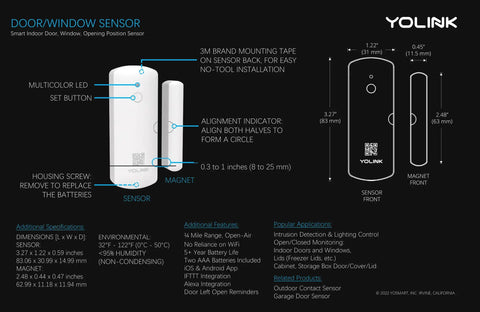 Diagram of LoRa Smart Door And Window Sensor 3 Pack With Long Battery Life showing installation and dimensions.