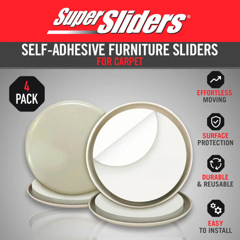 Slide Heavy Items With No Struggle Peel And Stick Floor Savers Round Furniture Sliders For Carpet gliding visible in 4-pack display.