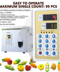 Digital Counting Filling Machine For Buttons And Small Toys showing control panel, compact design, and colorful toy food items.
