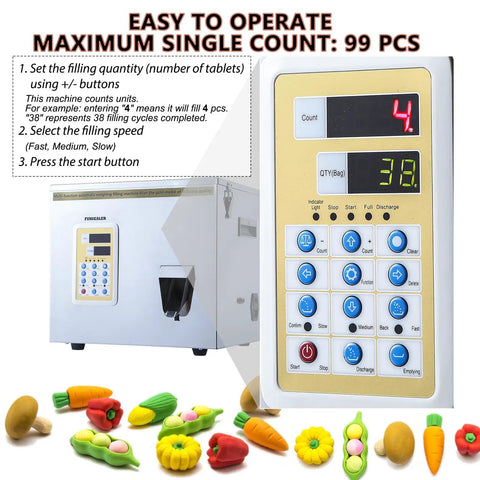 Digital Counting Filling Machine For Buttons And Small Toys showing control panel, compact design, and colorful toy food items.