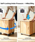 Set Of 4 Dead Silent Caster Wheels With Auto Locking Stem and 360 Swivel Top Plate installed on a wooden box demonstrating push and lock function.
