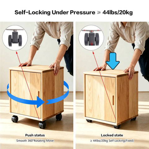 Set Of 4 Dead Silent Caster Wheels With Auto Locking Stem and 360 Swivel Top Plate installed on a wooden box demonstrating push and lock function.