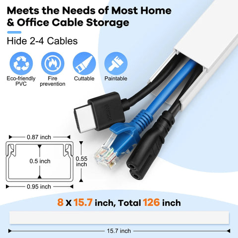 Paintable Wall Cable Management Kit For TV Mounts 126 Inch Cord Hider showing cable fit diagram and material features