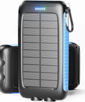 Maxed-Out 49800mAh Solar Power Bank with 15W fast charging, QC3.0 USB-C, dual USB-A ports, LED flashlight, carabiner, waterproof solar panel