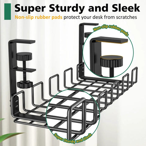 Under Desk Cable Management Tray No Drill Easy Install Steel Wire Organizer with non-slip rubber pads, front view