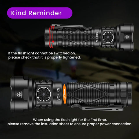 Rechargeable 365nm UV Blacklight Flashlight With ZWB2 Filter IPX8 Waterproof, tightened and insulation removal instructions visible.