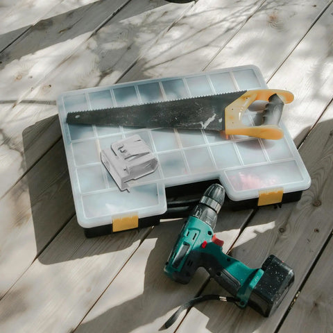 Badass Solar Panel Mounting Clips And Stainless Steel Clamps With Ultra Rugged Weatherproof Hardware For Super Solid Roof Mounts And Durable 3 Pack Installation Kit To Keep Panels Locked Down Tight Against Any Wild Weather with drilling tool and saw on work surface.