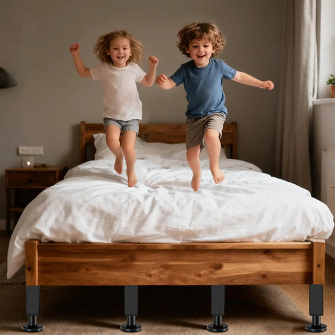 Kick Your Saggy Bed Back To Life With Adjustable Metal Bed Support Legs And Heavy Duty Risers Six Piece Kit Reinforces Weak Slat Frames Lifts Mattress Base Seven Point Three To Eleven Inches For Steady Sleep, kids jumping on bed.