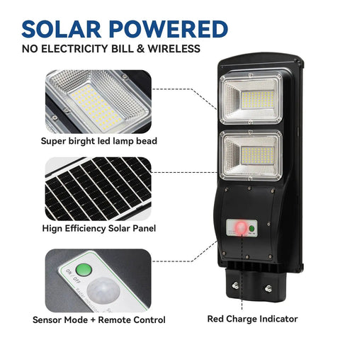 Upgraded Solar Street Light 12000 Lumens Super Bright Outdoor With 10000mAh Battery And 120 LEDs, close-up showing solar panel and LEDs