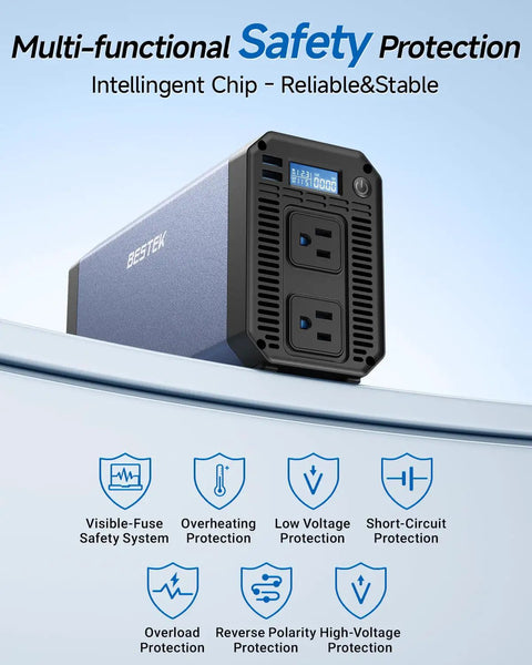 Heavy Duty Pure Sine Wave Power Inverter Pumping 1000W Of Reliable DC 12V To 110V AC Power showing safety features and LCD display.