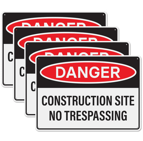 Four Pack Danger Construction Site Signs 14 By 10 Inches Waterproof Plastic Durable Warning Signs For Hazard Areas No Trespassing