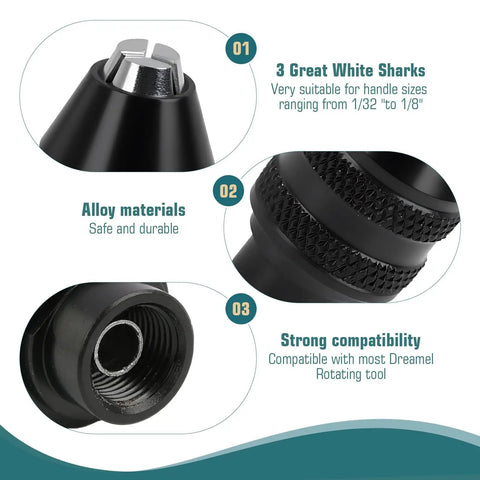 Pro Grade Drill Chuck Collet Set for Dremel Rotary Tools, showing three key components and features with text highlights.