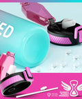 Close-up of lid and straw of 32oz Motivational Water Bottle With Time Marker And Straw, BPA Free Tritan Sports Bottle, pink and blue design.