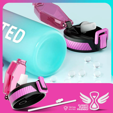Close-up of lid and straw of 32oz Motivational Water Bottle With Time Marker And Straw, BPA Free Tritan Sports Bottle, pink and blue design.