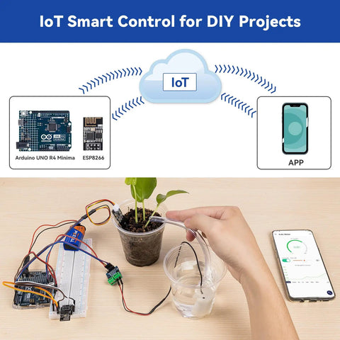 Ultimate Sensor Kit For Arduino Uno R4 Minima with RoHS Certified Sensors demonstrating IoT project with smartphone control.