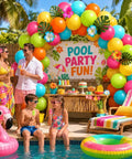Colorful Tropical Balloons Pack 12 Inch Set With Jungle Leaves And Floral Accents decorating a pool party with people enjoying.