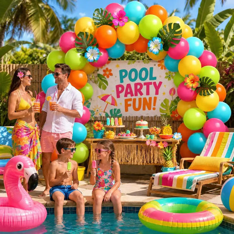 Colorful Tropical Balloons Pack 12 Inch Set With Jungle Leaves And Floral Accents decorating a pool party with people enjoying.