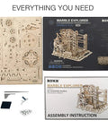 3D Wooden Puzzle Lift Coaster Set With Working Gears Marble Run Model Kit packaging and parts layout