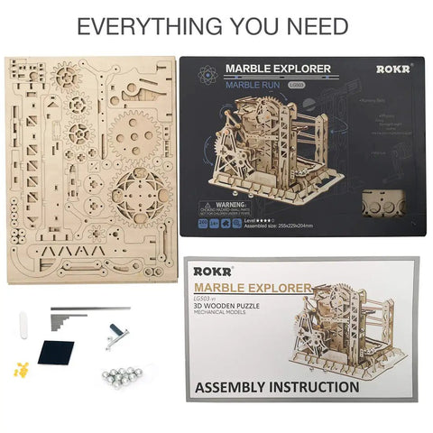 3D Wooden Puzzle Lift Coaster Set With Working Gears Marble Run Model Kit packaging and parts layout