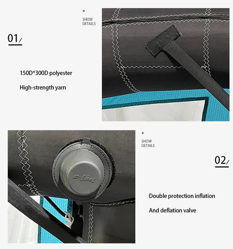 Inflatable Surf Wing And Portable Kite Surfboard With Window Design showing polyester material and inflation valve details.