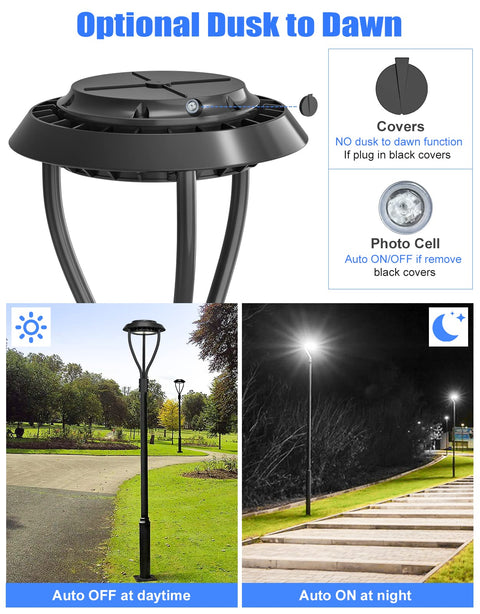 Beefy 100W LED Post Top Light With 14000 Lumens, Dusk To Dawn Outdoor Pole Fixture, IP65 Waterproof, daytime to night view