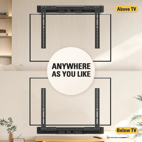Low Profile Soundbar Mount For Sonos Beam With No Fuss Easy Access Design, Sliding Block Extension Arm, Fits TVs Up To 600x400mm, Aluminum Bracket Holds Up To 13 Lbs, Keeps Soundbar Under Your TV For Rich Immersive Audio. Above and below TV setup.