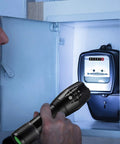 Person using Two Pack Ultra Bright 1000 Lumen LED Flashlights, Tactical Zoomable Beams, 5 Modes, Waterproof in a utility box