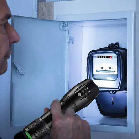 Person using Two Pack Ultra Bright 1000 Lumen LED Flashlights, Tactical Zoomable Beams, 5 Modes, Waterproof in a utility box