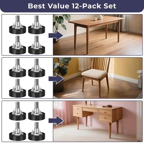 Beefy Heavy Duty Adjustable Furniture Leveling Feet Kit With 12 Pack Claw Nail Nuts 0 to 0.4 Inches Height Range Quarter Inch Thread For Tables Desks Chairs Stools Cabinets No Wobble Stability