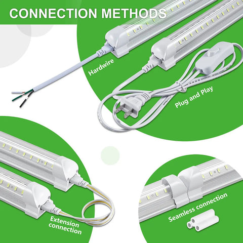 Connection methods illustration for 8 Pack 8FT LED Shop Lights 100W Each, 6000K White, 15000LM Insanely Bright Lighting For Garage