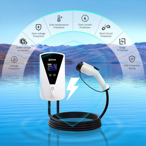Slick Level Two EV Charger With J1772 Connector, 32 Amp output, 25-foot cable, over temperature and current protection features.