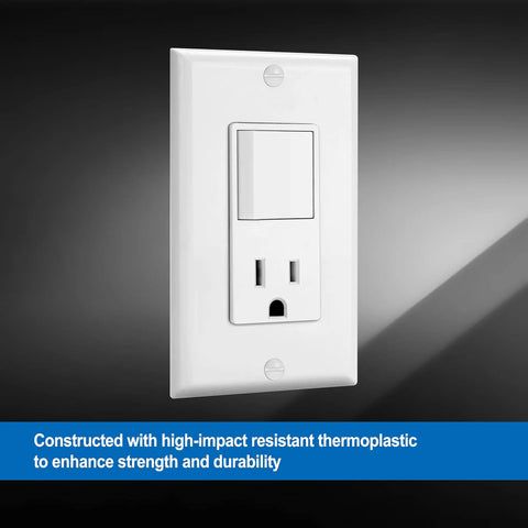 Two Pack Combination Wall Switch And Decor Outlet With Single Pole Rocker Switch, 15A/120V And 15A/125V Receptacle, white detail