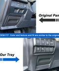 Comparison of Subaru Dope Fuse Box Coin Holder And Orange Storage Tray installed in vehicle, showing OEM fit and texture similarities.