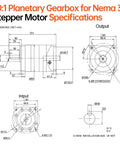 Technical drawing of 10 To 1 Planetary Gearbox For Nema 34 Stepper Motor With 10 Arcmin Backlash, including dimensions and specifications.
