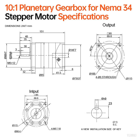 Technical drawing of 10 To 1 Planetary Gearbox For Nema 34 Stepper Motor With 10 Arcmin Backlash, including dimensions and specifications.