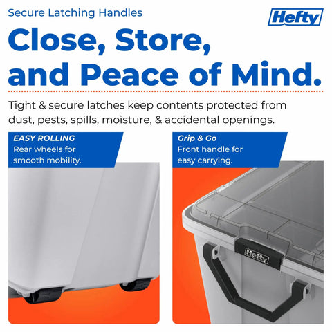 Kick Butt Heavy Duty 50 Gallon Storage Bins with Crystal Clear Lids showing secure latching handles and mobility wheels.