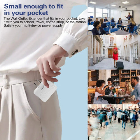 Person placing Three Way Rotating Wall Plug Adapter 2 Prong Portable Outlet Splitter into pocket; multiple scenes in background.