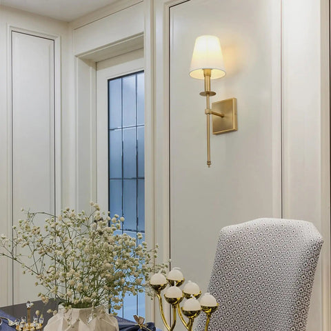 Set of 2 Rustic Industrial Wall Sconces With Flared White Textile Shades and Antique Brass Tapered Column Stands, Hardwired E26 Base, Vintage Modern Lighting for Living Room, Hallway, Bedroom displayed in an elegant room.