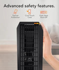 Rise 12H Personal Desk Heater For Small Rooms And Office, advanced safety features shown, black, 12-inch tall tower heater.