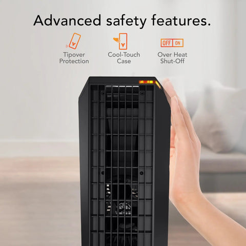 Rise 12H Personal Desk Heater For Small Rooms And Office, advanced safety features shown, black, 12-inch tall tower heater.