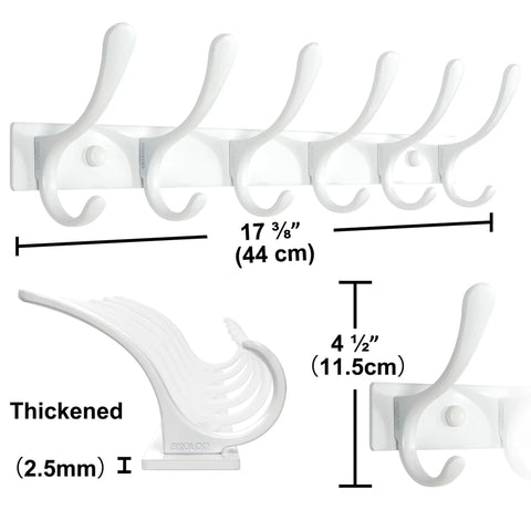 Six Hook Wall Mounted Coat Rack In White Stainless Steel Finish For Coats Hats Bags A Hard Working Yet Slick Entryway Organizer That Keeps Your Space Clean And Ready To Rock All Day Everyday, shown with dimensions and hook thickness.