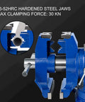 Close-up of Beefy 6 Inch Bench Vise With 360 Degree Swivel Head And 30Kn Clamping, highlighting jaws and ductile iron construction.