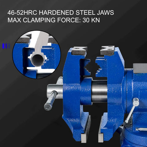 Close-up of Beefy 6 Inch Bench Vise With 360 Degree Swivel Head And 30Kn Clamping, highlighting jaws and ductile iron construction.