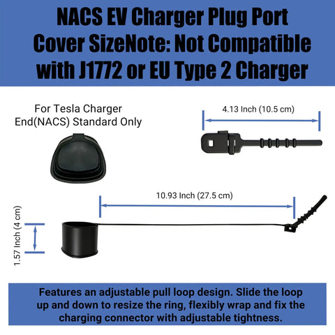 NACS EV Charger Plug Port Cover for Tesla, adjustable pull loop design, dimensions 10.93in by 4.13in by 1.57in, black single.