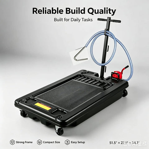 Heavy Duty 17 Gallon Low Profile Oil Drain Pan With Hand Pump Hose For Auto Shop Garage Fluid Collection Tank Casters And Drain Port
